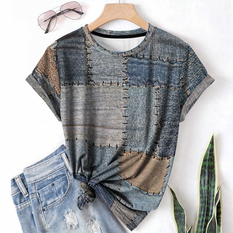 Letní dámské tričko s krátkým rukávem, kulatým výstřihem, patchworkovým džínovým vzorem a 3D potiskem
