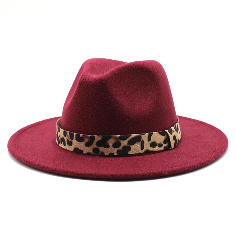 Woolen Top Hat Leopard Print Solid Color Hat Women'S Flat-Brimmed Big-Brimmed Jazz Hat 22 Colors