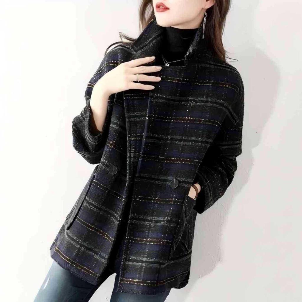 2025 Women's Mid-Length Plaid Wool Coat - Retro Loose Fit for Autumn/Winter