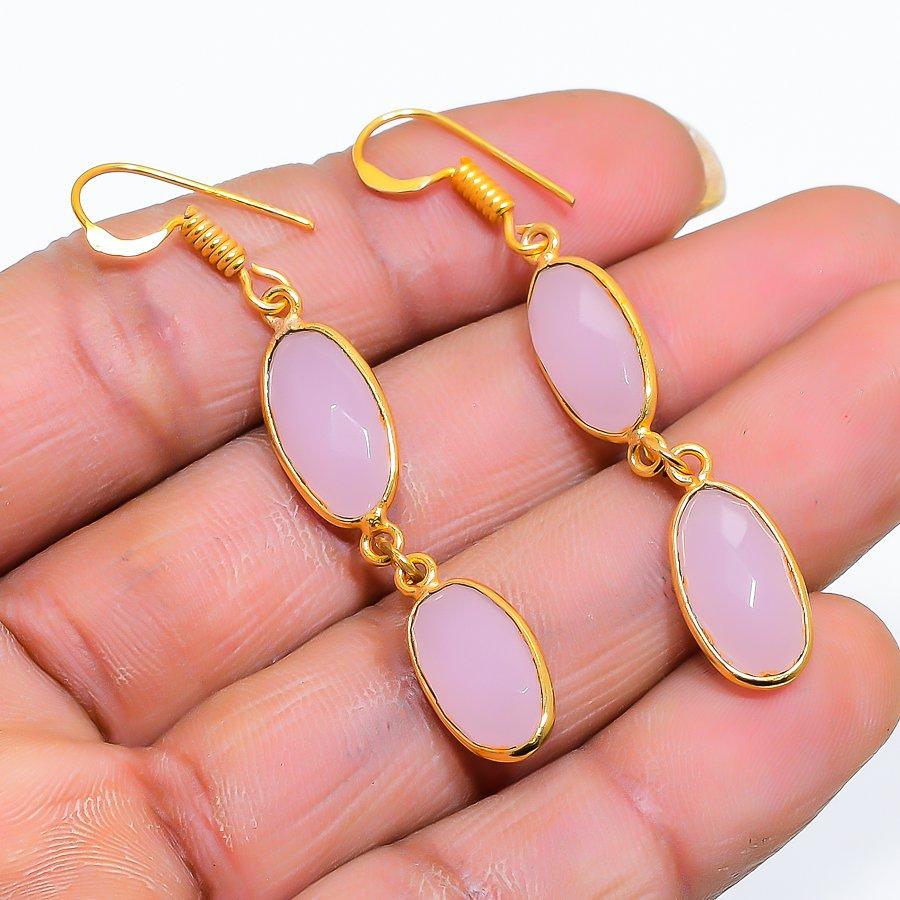 

Pink Chalcedony Gemstone Handmade 925 Sterling Silver Jewelry Earring 2.09 GK-5227