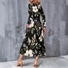 Plus Size Women V Neck Long Sleeve Black Purple Rose Printed A Line Midi Dress With Pockets