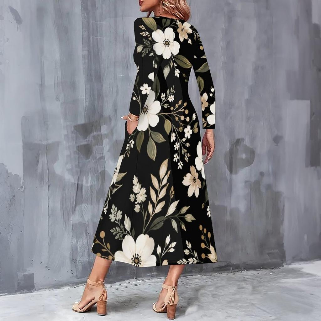 Plus Size Women V Neck Long Sleeve Black Purple Rose Printed A Line Midi Dress With Pockets