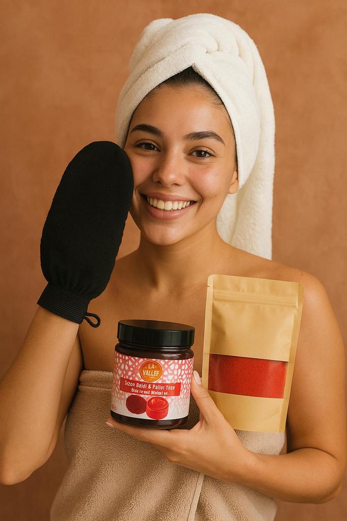 Aker Fassi w Proszku 50g + Czarne Mydło Aker Fassi 200g + Rękawica Kessa – Zestaw do Marokańskiego Hammamu Rozświetlający i Nadający Blask