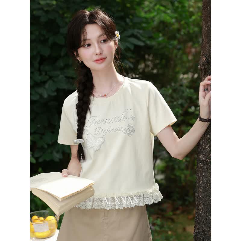 Women s French Style Lace Patchwork Short Sleeve T-shirt S