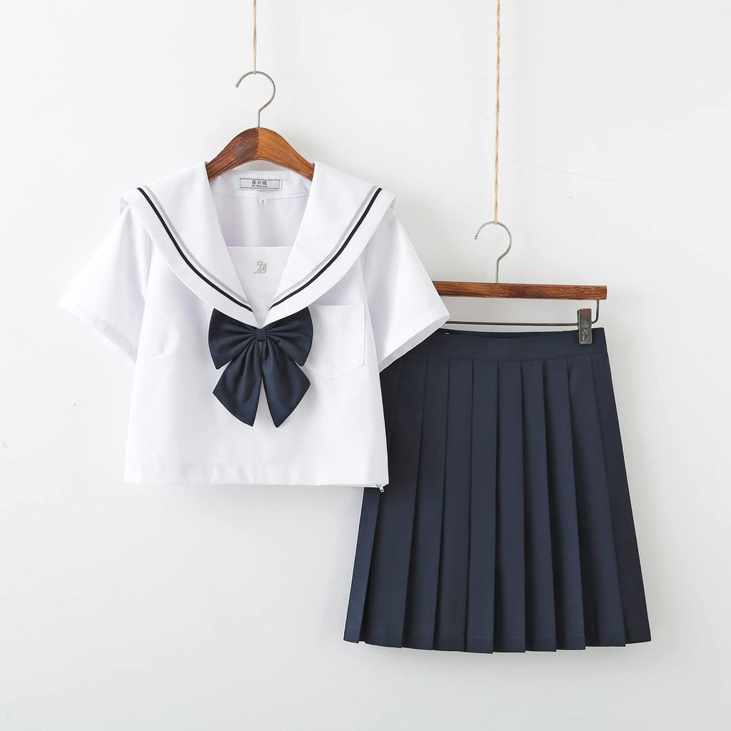 DERAYEE Sailor Uniform Cosplay High School Girl Includes Uniform White and Navy and Bowknot for School Festivals White Short 3-Piece Set, Skirt,