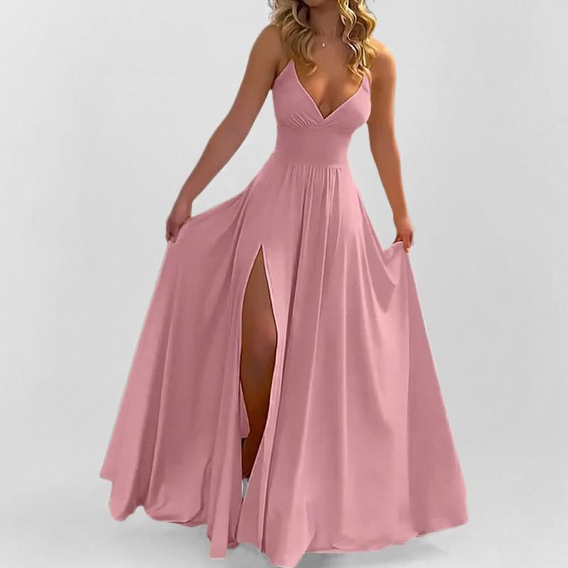 European American Women's Clothing Fashionable Suspender V-neck Split Solid Color Long Dress