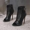 Eiyken Design Preto Peep Toe Vazado Malha Botas de Cano Curto Sandálias Feminina Sexy Finos Saltos Altos Striptease Zíper Sapatos