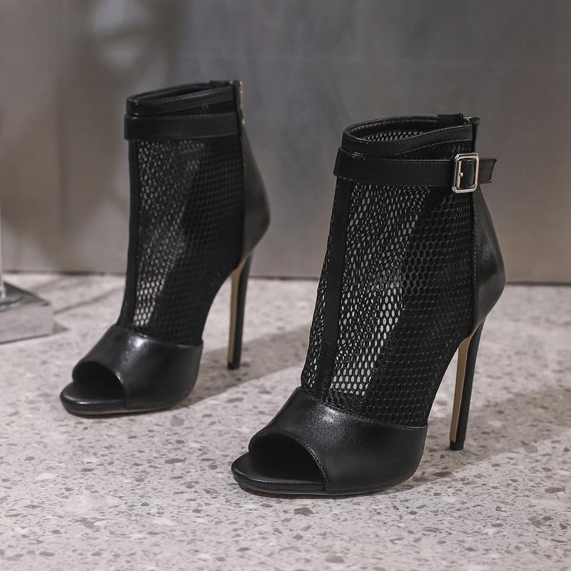

Eilyken New Design Peep Toe Hollow Breathable Mesh Woman Boots Sandals Sexy Thin High Heels Striptease Zipper Shoes 35 чёрный