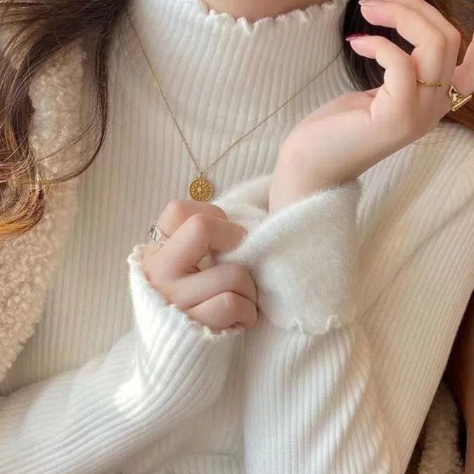Winter Bestseller: Ribbed Double-Layer Velvet Long Sleeve Top with Stylish Half-High Collar Large
