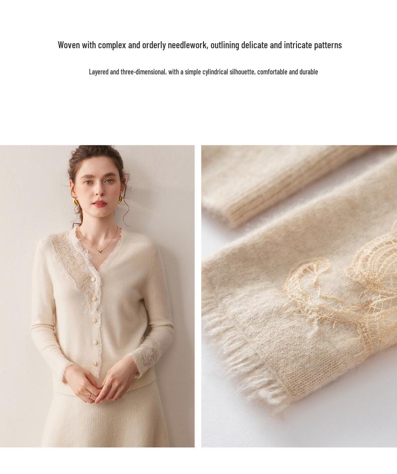 2025 A/W Women's V-neck Lace Cashmere Cardigan Sweater - Solid Color, Loose Fit