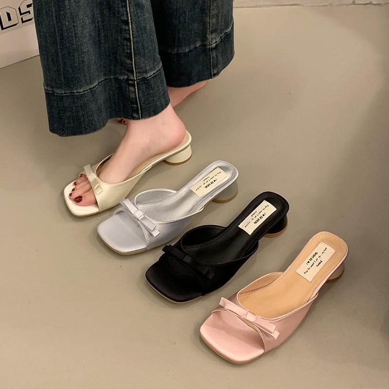 French evening breeze gentle fairy one-word slippers women wear new bow-tied thick-heeled high-heeled cool slippers in summer