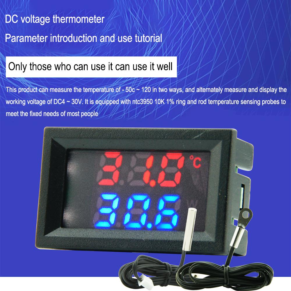 DC4-30V Voltmeter Thermometer 2in1 LED Digital Dual Display Voltage Meter Temperature Sensor Tester with NTC3950 Probe Cable
