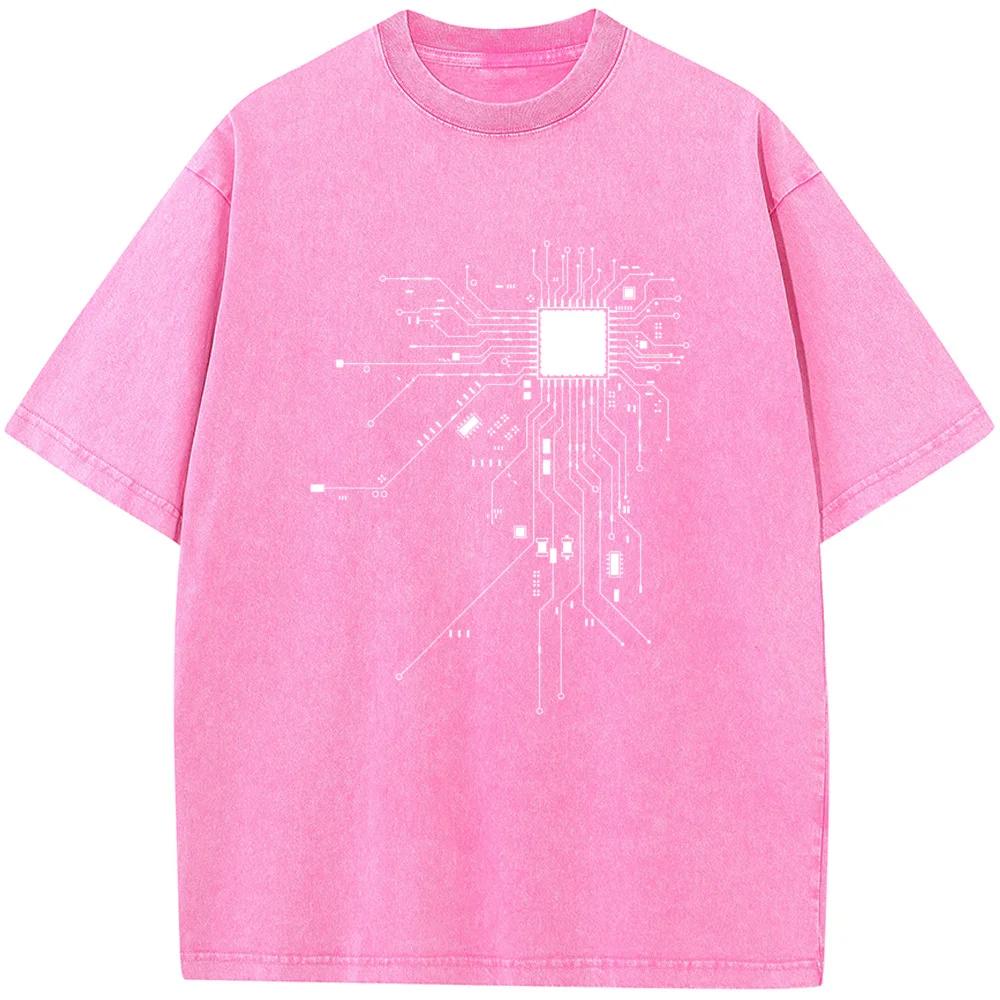 Tričko s potiskem schématu procesoru CPU Letní volné bělené tričko Bavlněné s kulatým výstřihem a krátkým rukávem