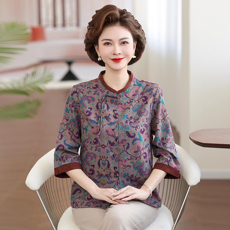

Women s Chinese-Style Printed Seven-Sleeve Shirt - Ideal for Mothers & Grandmothers 5XL (recommended 75-82.5 kg)