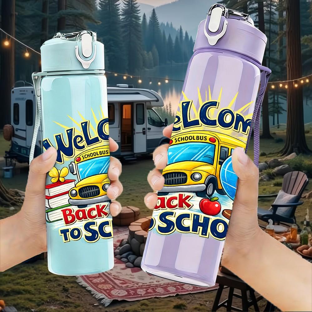 1PC Welcome Back To School Theme 750ml Color Plastic Sports Water Bottle Leakproof Flip Straw Lid Suitable for Sports Office Home Use