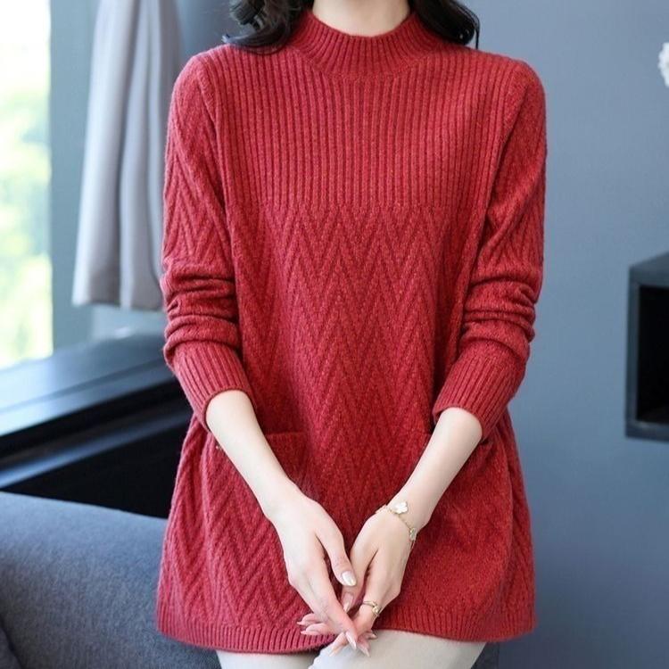 Loose Mid-length Sweater Women's Autumn and Winter Plus-size Casual Pullover Round-neck Solid-color Knitted Sweater