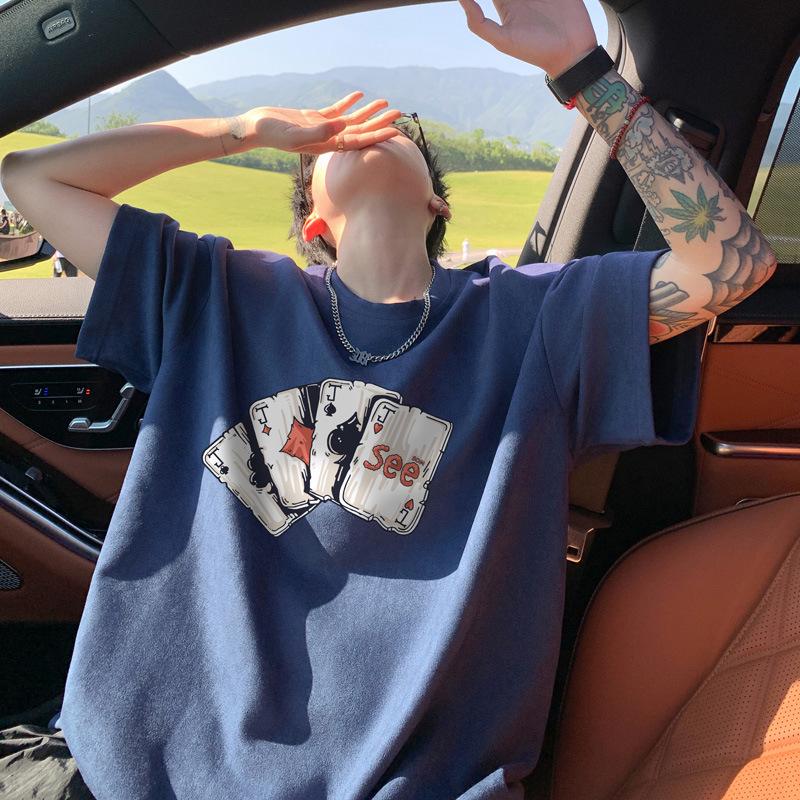 

Американская замша Мужская футболка большого размера Тяжелая летняя футболка с коротким рукавом - Модный повседневный топ в гонконгском стиле M темно-синий