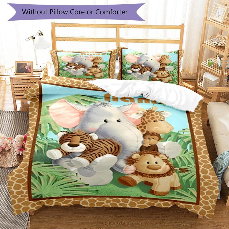 3pcs Custom Name Animals Bedding Set Duvet Cover Closure Includes 1 Duvet Cover & 2 Pillowcases, Soft and Comfortable for All Seasons.