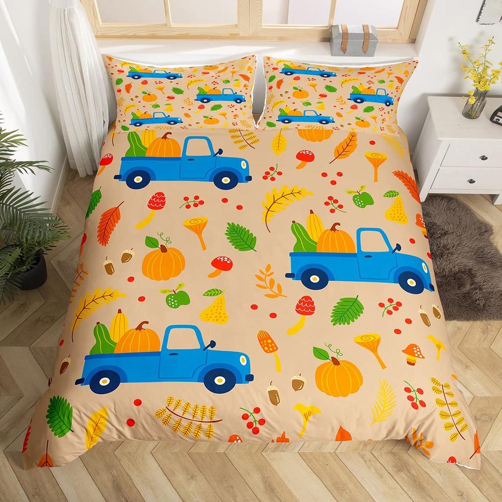 Cartoon Dwarf Dwarf Duvet Cover Queen for Kids Girls,Fall Leaves Pumpkin Bedding Set Autumn Gnome Turkey Maple Leaf Quilt Cover