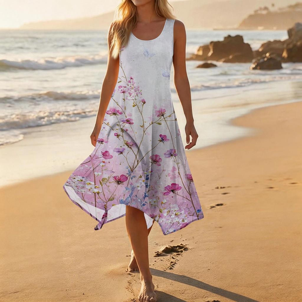 Women's Casual Sleeveless Floral Print Dress with Round Neck and Asymmetrical Hem Mid-Length Summer Dress for Daily Wear