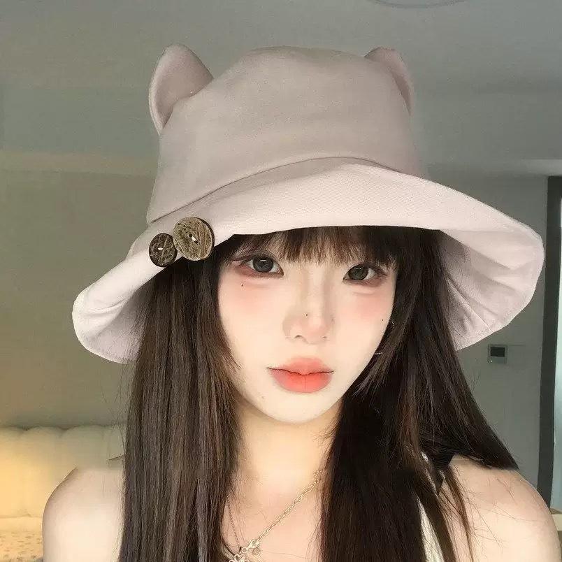 Cat Ears Button Bucket Hat Female Summer Cute Versatile Big Eaves Show Washbasin Hat Travel Sun Protection Hat
