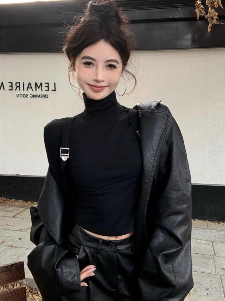 Korean Spicy Girl High Neck Slim Fit Suspender T-Shirt - Women's Autumn/Winter Patchwork Top