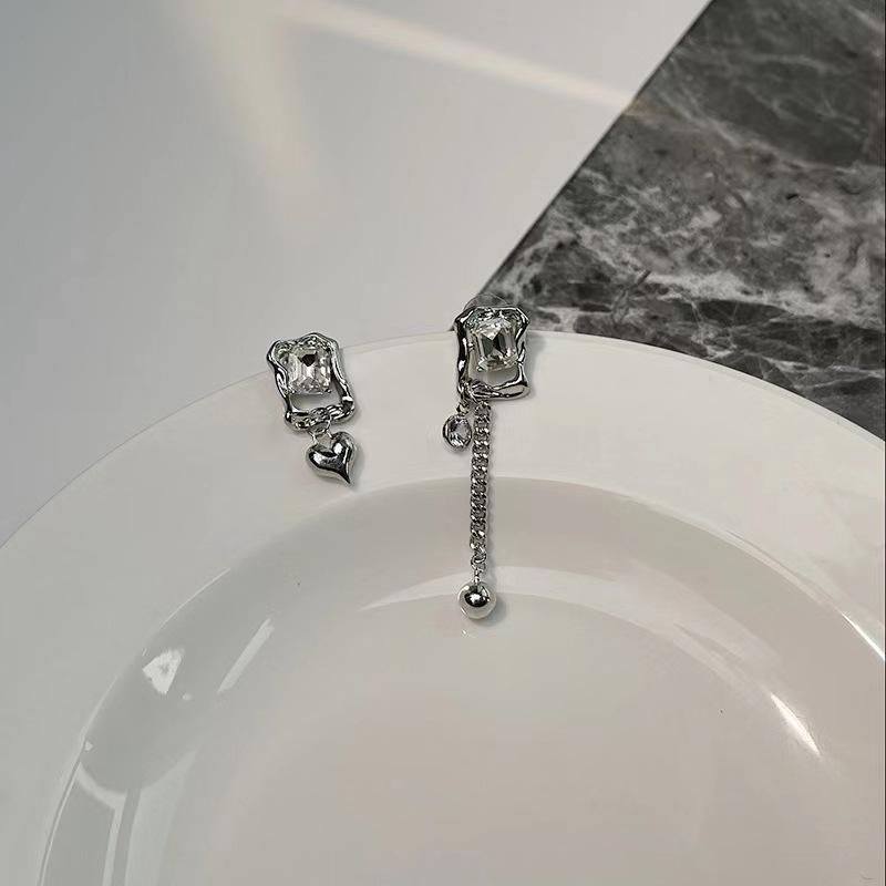 Square Diamond White Diamond Asymmetrical Tassel Round Ball Love Pendant Earrings Cold Wind European and American Ear Accessories