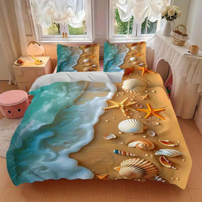 3pcs Beach Themed Seashell Starfish Shellfish Ocean Wave Coastal Decorative Bedding Set, Bedroom or Guest Room, Festive Gift, Anime Cartoon Design