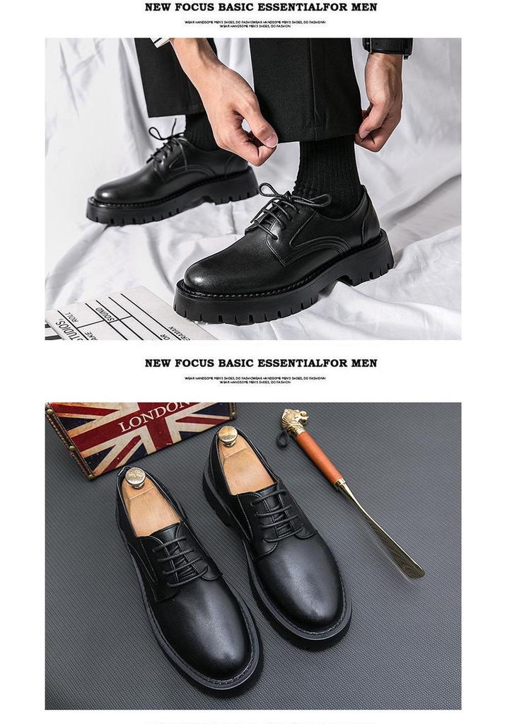 2025 Men's Chunky Glossy Leather Lace-up Casual Shoes with Thick Sole & Square Heel