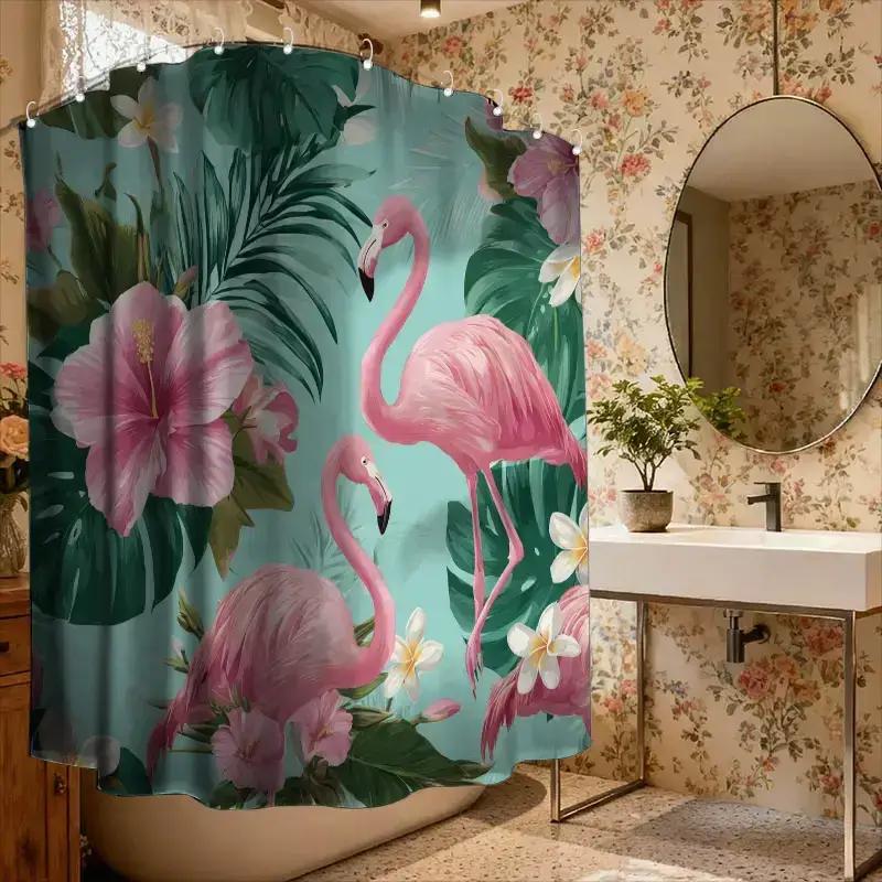 Vibrant Pink Flamingo Floral Tropical Shower Curtain Polyester Waterproof Boho Jungle Print Bathroom Decor Accessories Hibiscus
