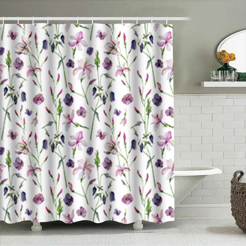 Floral Print Shower Curtain Watercolor Flowers Pink Purple White Bath Decor Home Decoration