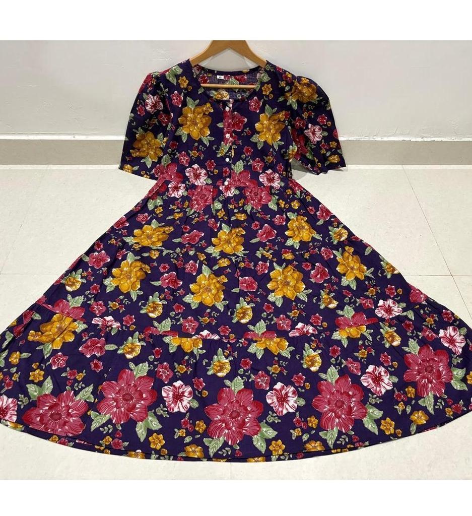 Women Designer Printed Cotton Midi Gown Kurta Party Wear Top Tunic Kurti Dress