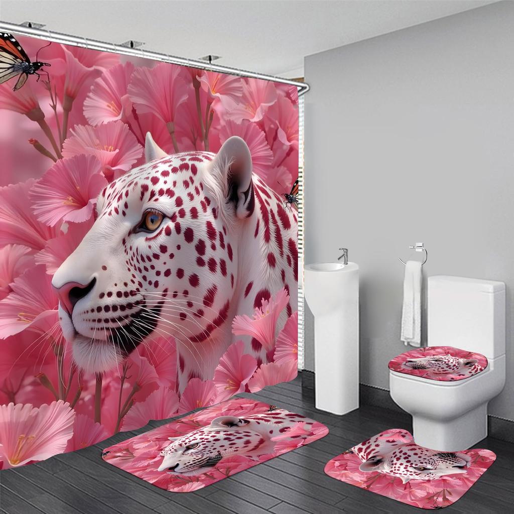 Set Tenda da Doccia da 4 Pezzi con Tappetino Antiscivolo per Bagno, Copriwater, Tappeto Sagomato e 12 Ganci, Bagno