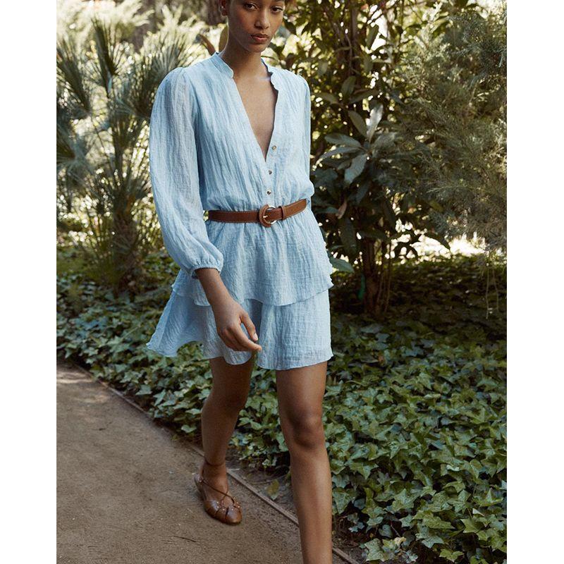 Spring and Summer Women's Clothing Color Contrast Patchwork Decorated Row Button Long Sleeves with Belt Laminated Decoration V-neck Dress 3897083