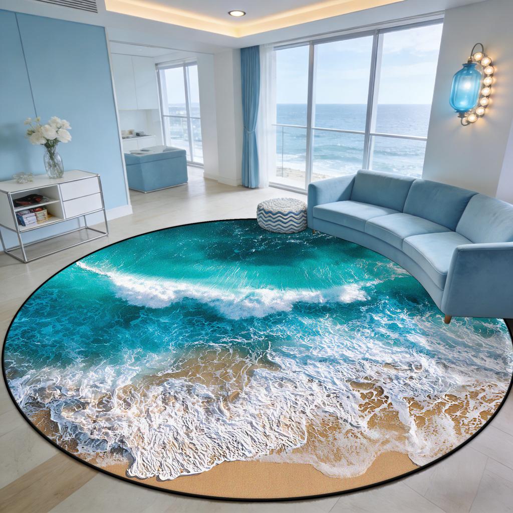 Immersive Wave Beach Round Carpet for Living Room Decoration Terrace Courtyard Antiskid Rug Easy Clean Fluffy Mat for Children