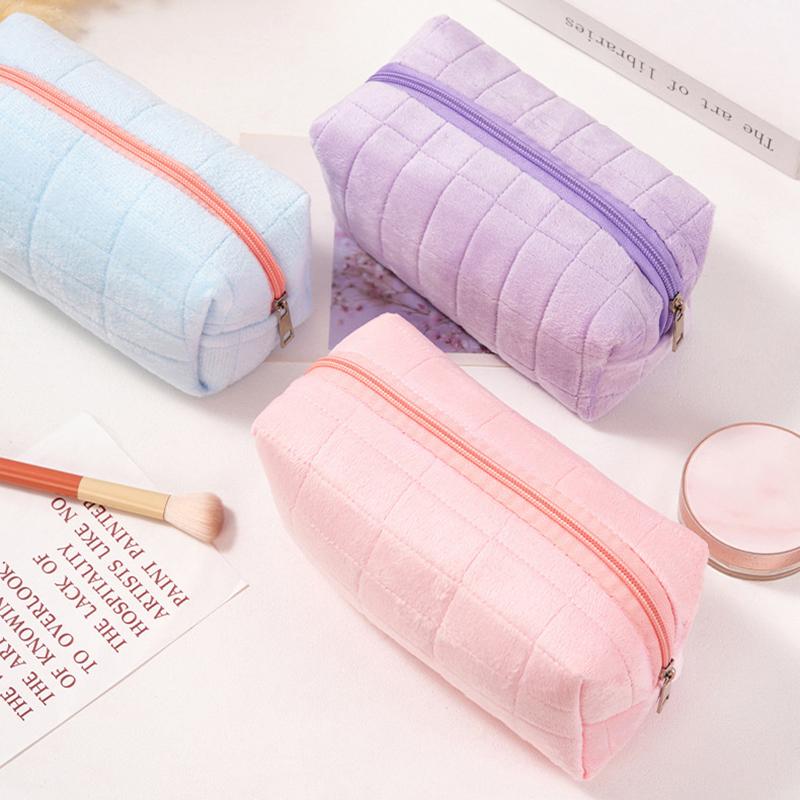 Solid Fur Cosmetic Storage Bag Large Women Zipper Makeup Organizer Handbag Stationery Pencil Case Travel Make Up Toiletry Punch