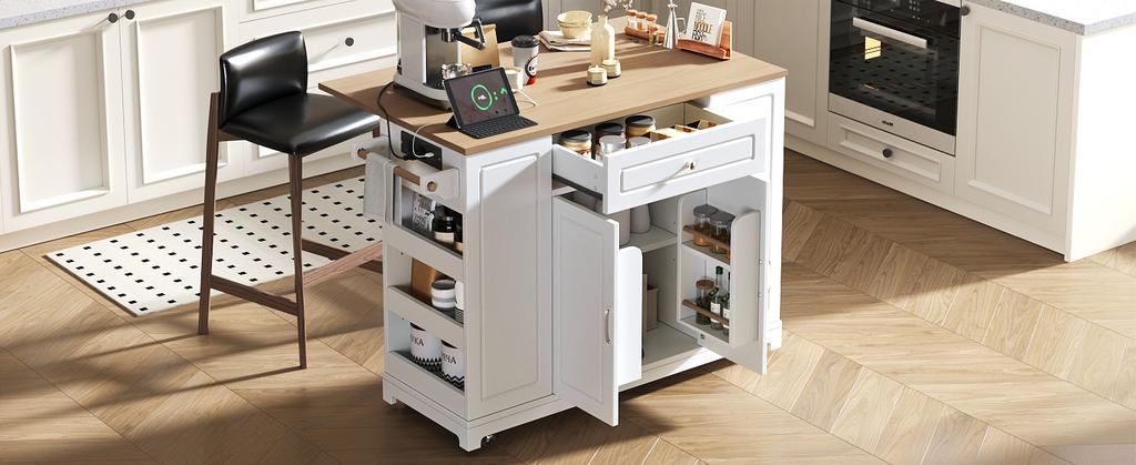 Kitchen island with casters, extendable dining area with multifunctional drawers and waste bin compartment, ideal for kitchen and dining room (white)