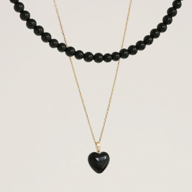 Modernlike 14k Gold-filled Silver Black Quartz Crystal Heart Necklace 2-piece Set