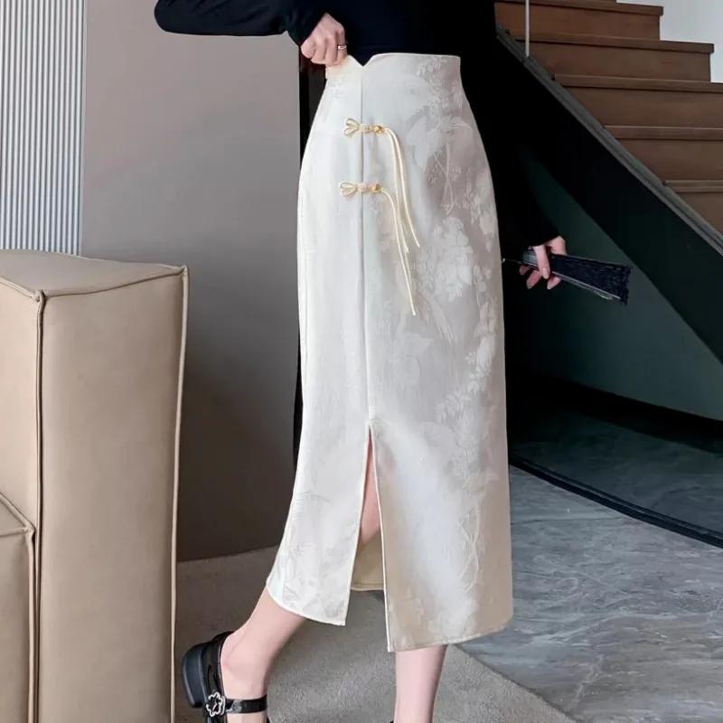 

Chinese Style Skirts for Women Printed Casual Streetwear Elegant Female Spring Summer Chic Solid High Waist Simple XL абрикосовий