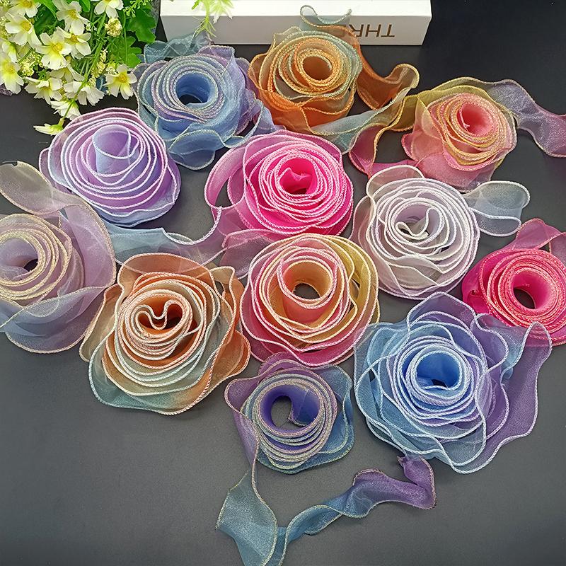 4cm X 10Yards/Roll Wrapping Ribbon Bouquet Packaging Sewing Accessories Party Colorful Gradient Hair Accessory Making Multi-Color
