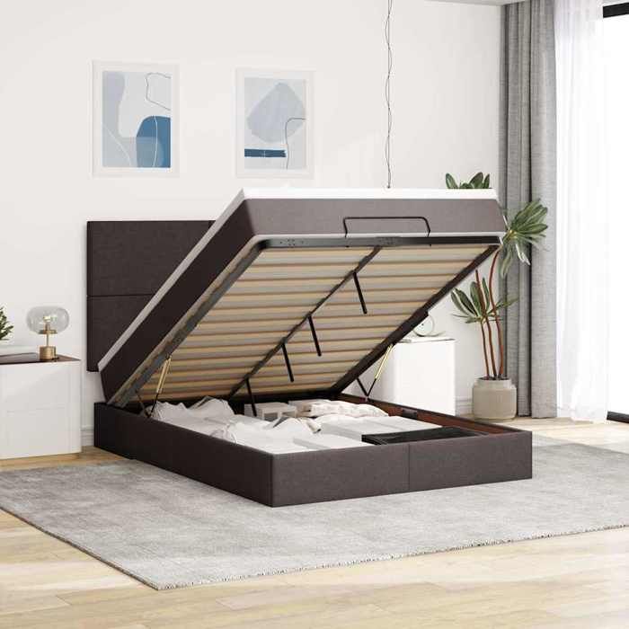 VidaXL Ottoman Bed Frame with Mattress Dark Brown 140x200 Cm Fabric, Bed Frame, Upholstered Bed Frame, Bed Frame 3313930