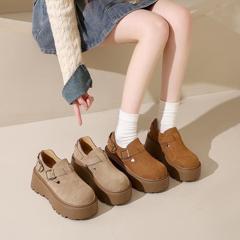 Platform-soled Borken Shoes Women's Spring and Autumn New One-pedal Retro Women's Casual Belt Buckle Single Shoes Women