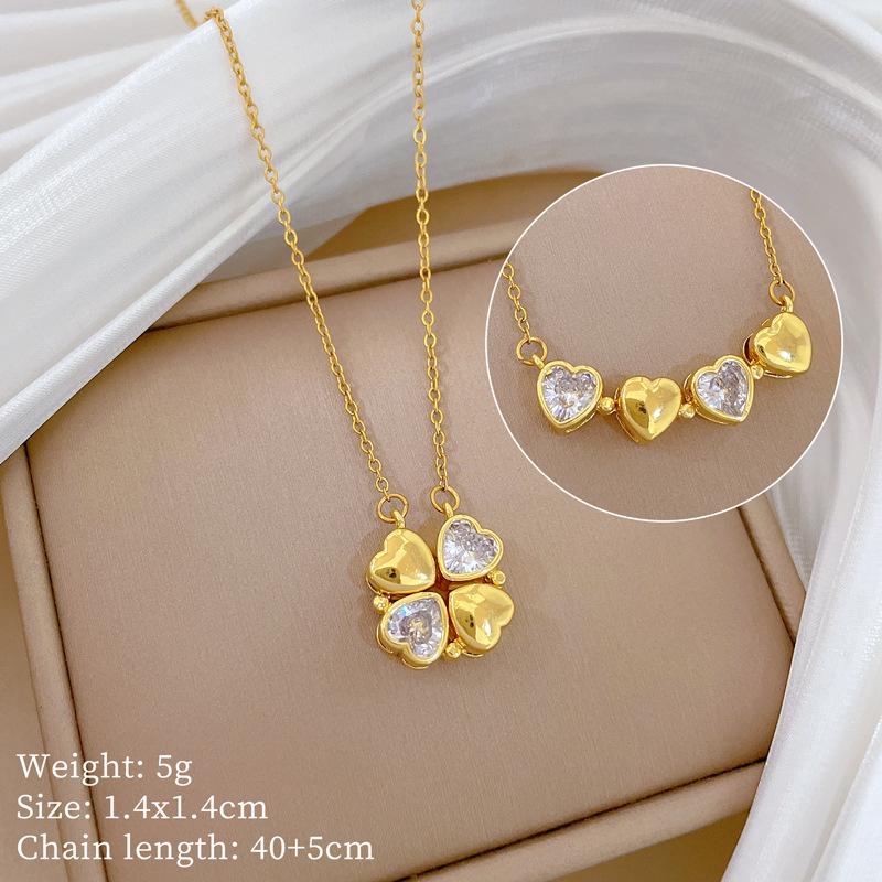 Versatile Titanium Steel Women's Necklace: Heart-to-Heart Two-Way Four-Leaf Clover Clavicle Chain with Full Diamonds