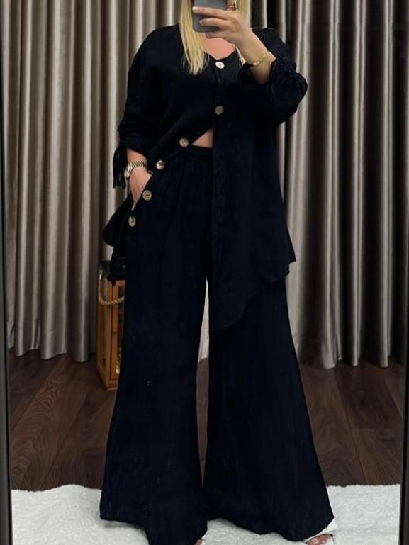 Women's V-Neck Button Down Cardigan and High Waisted Wide Leg Pants Set, Long Sleeve Tie Waist Top with Pockets, Solid Color Casual Loungewear