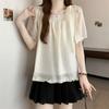Summer Womens Fashion Solid Color Lace Short Sleeve Shirt with Tie Design Casual Top