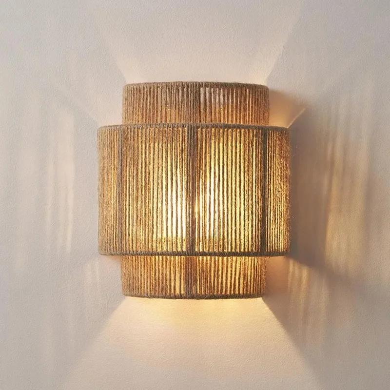 Led Vintage Bamboo Sconce Lamp Hemp Rope Bedroom Bedside Lights Dining Room Living Room Aisle Japanese Rattan Wall Lamp