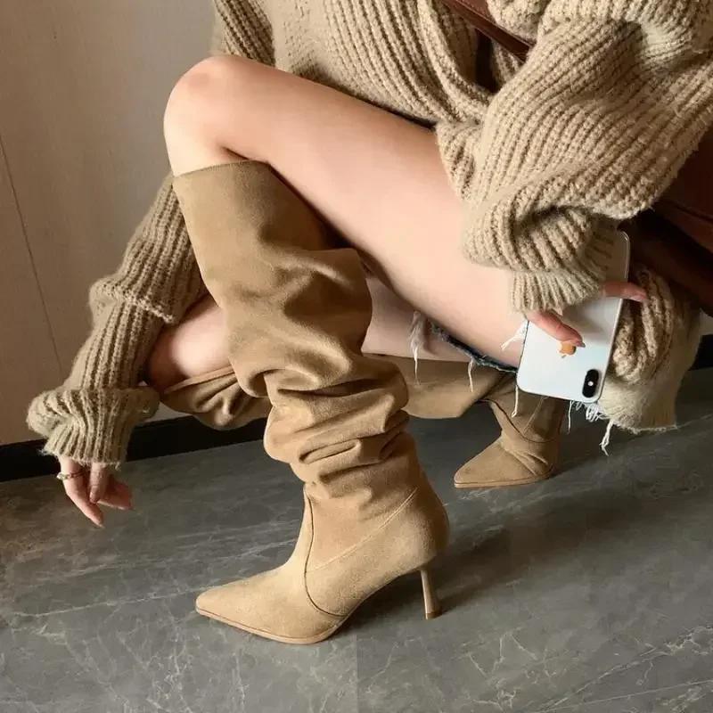 Fashion Pleated Faux Suede Knee-High Boots Women Pointed Toe Slip-On Western Cowboy Boots Woman 2025 Autumn Thin Heels Long Botas Mujer