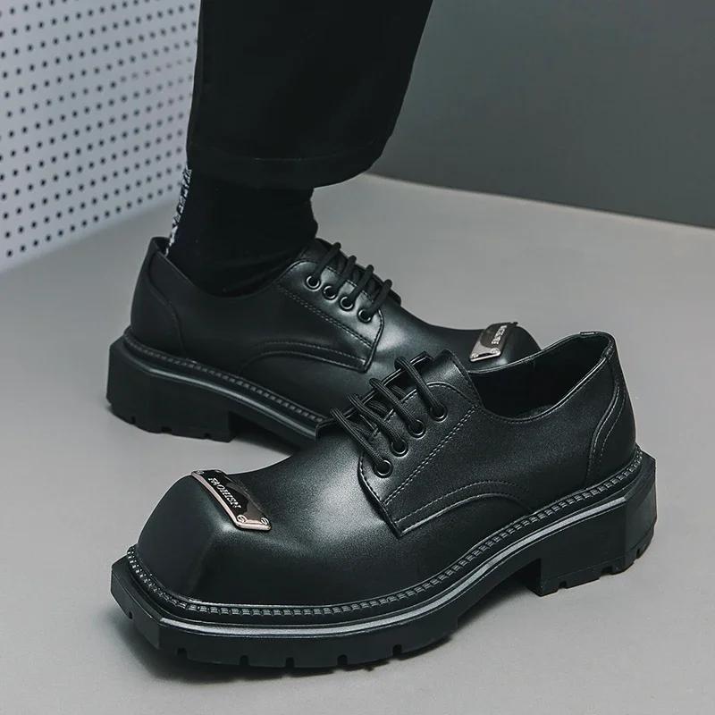 Fashion Square-Toe Men's Leather Shoes Business Oxford Man Lace-up Formal Dress Shoes Black Derby Shoes Metal Decoration