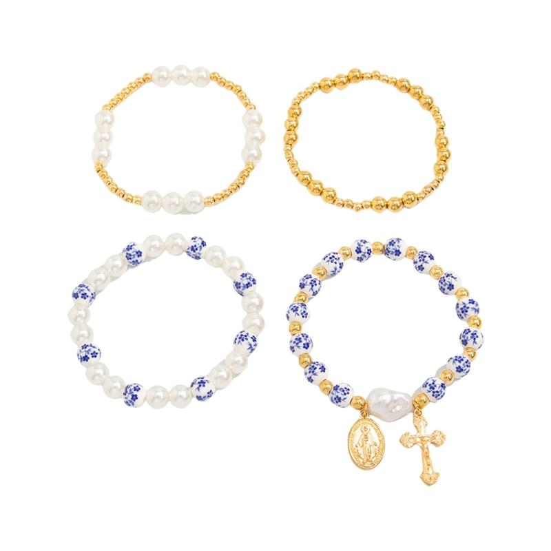 

Vintage Ceramic Bead Bracelet with Simulated Pearls and Crosses Pendant Wrist Jewelry for Women Minimalist Style 1