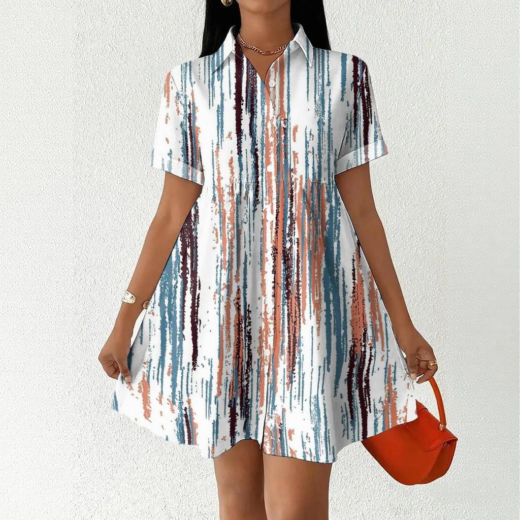 Women’s Casual Loose Fit Shirt Dress Button Front Stand Collar Short Sleeve Relaxed Tunic Dress with Geometric Print